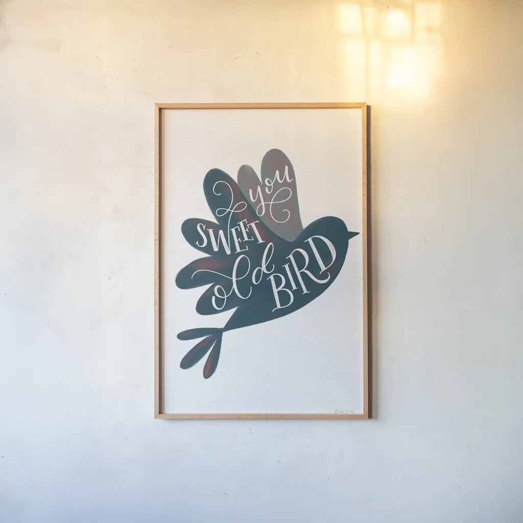 Sweet Old Bird by Becky Thorns. shown as a paper print in a natural frame. Available as a archival giclee rolled canvas, fine art paper, or poster print. SKU 61412h.