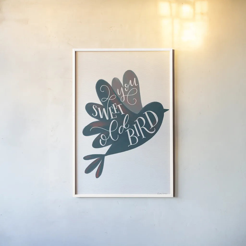 Sweet Old Bird by Becky Thorns. shown as a paper print in a white frame. Available as a archival giclee rolled canvas, fine art paper, or poster print. SKU 61412h.