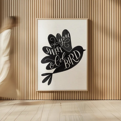 Sweet Old Bird BW by Becky Thorns. shown as over sized large wall art. Available as an archival giclee rolled canvas, fine art paper, or poster print. SKU 61413h.