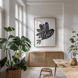 Sweet Old Bird BW by Becky Thorns. shown as a print in a natural wood frame in a dining room. Available as a archival giclee rolled canvas, fine art paper, or poster print. SKU 61413h.