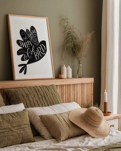 Sweet Old Bird BW by Becky Thorns. shown as a paper print in a natural frame. Available as a archival giclee rolled canvas, fine art paper, or poster print. SKU 61413h.