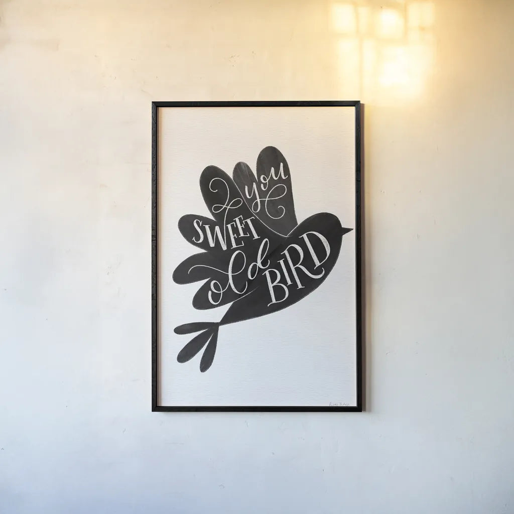 Sweet Old Bird BW by Becky Thorns. shown as a paper print in a black flame. Available as a archival giclee rolled canvas, fine art paper, or poster print. SKU 61413h.
