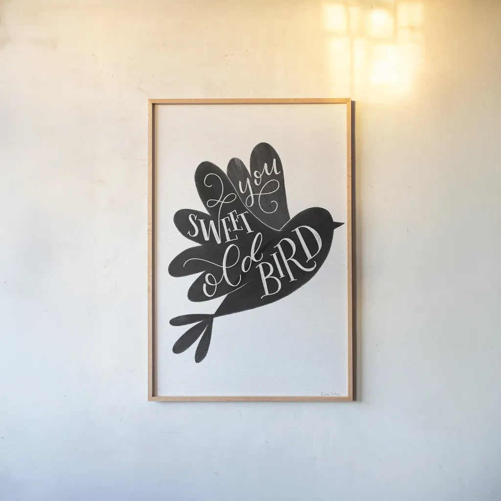 Sweet Old Bird BW by Becky Thorns. shown as a paper print in a natural frame. Available as a archival giclee rolled canvas, fine art paper, or poster print. SKU 61413h.