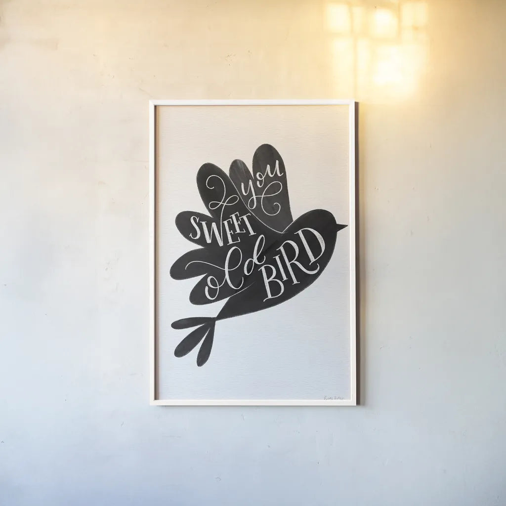 Sweet Old Bird BW by Becky Thorns. shown as a paper print in a white frame. Available as a archival giclee rolled canvas, fine art paper, or poster print. SKU 61413h.