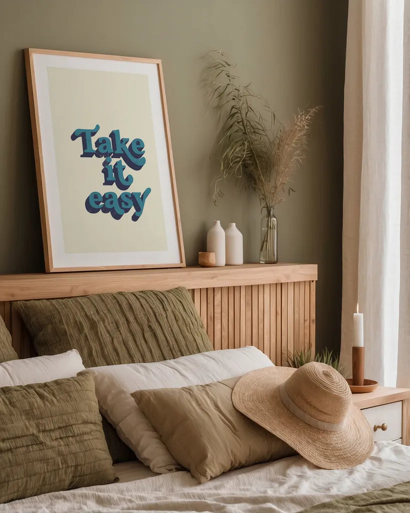Take it Easy by Becky Thorns. shown as a paper print in a natural frame. Available as a archival giclee rolled canvas, fine art paper, or poster print. SKU 65172h.