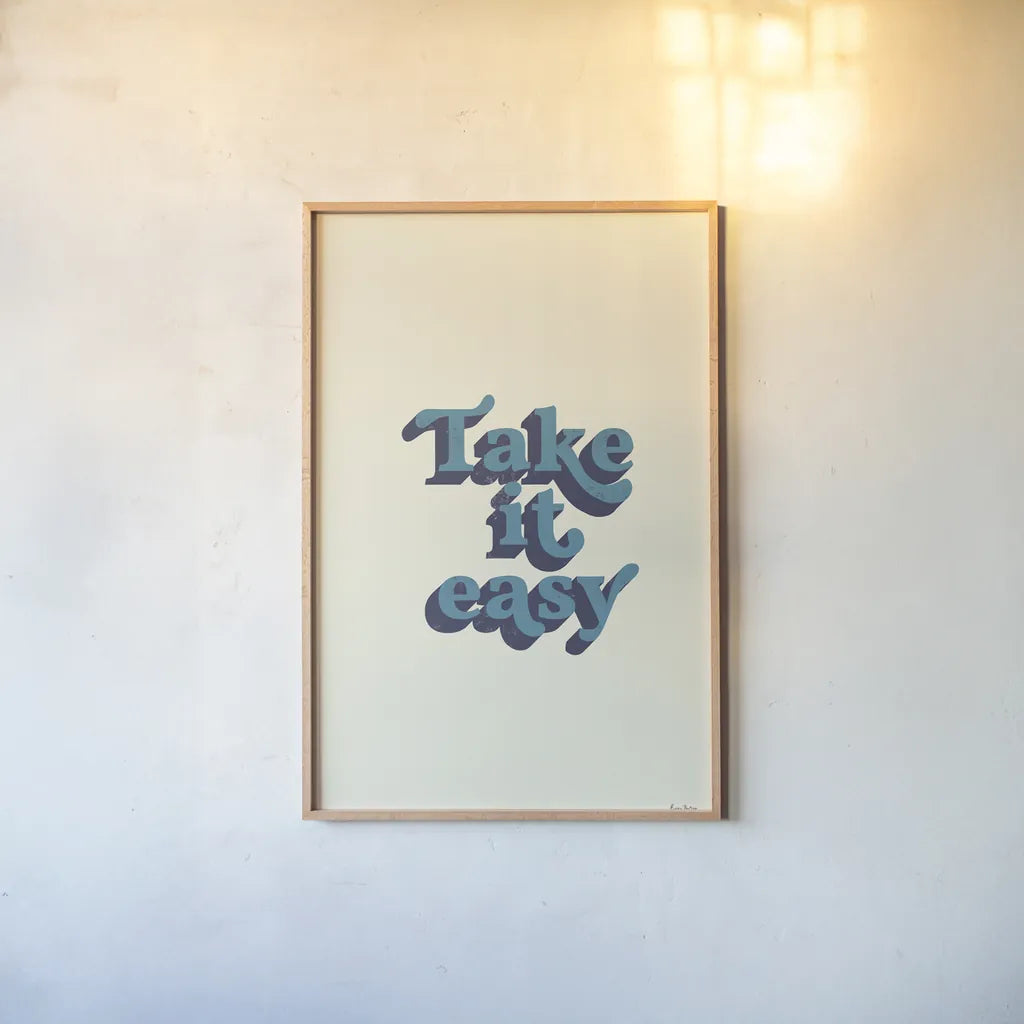 Take it Easy by Becky Thorns. shown as a paper print in a natural frame. Available as a archival giclee rolled canvas, fine art paper, or poster print. SKU 65172h.
