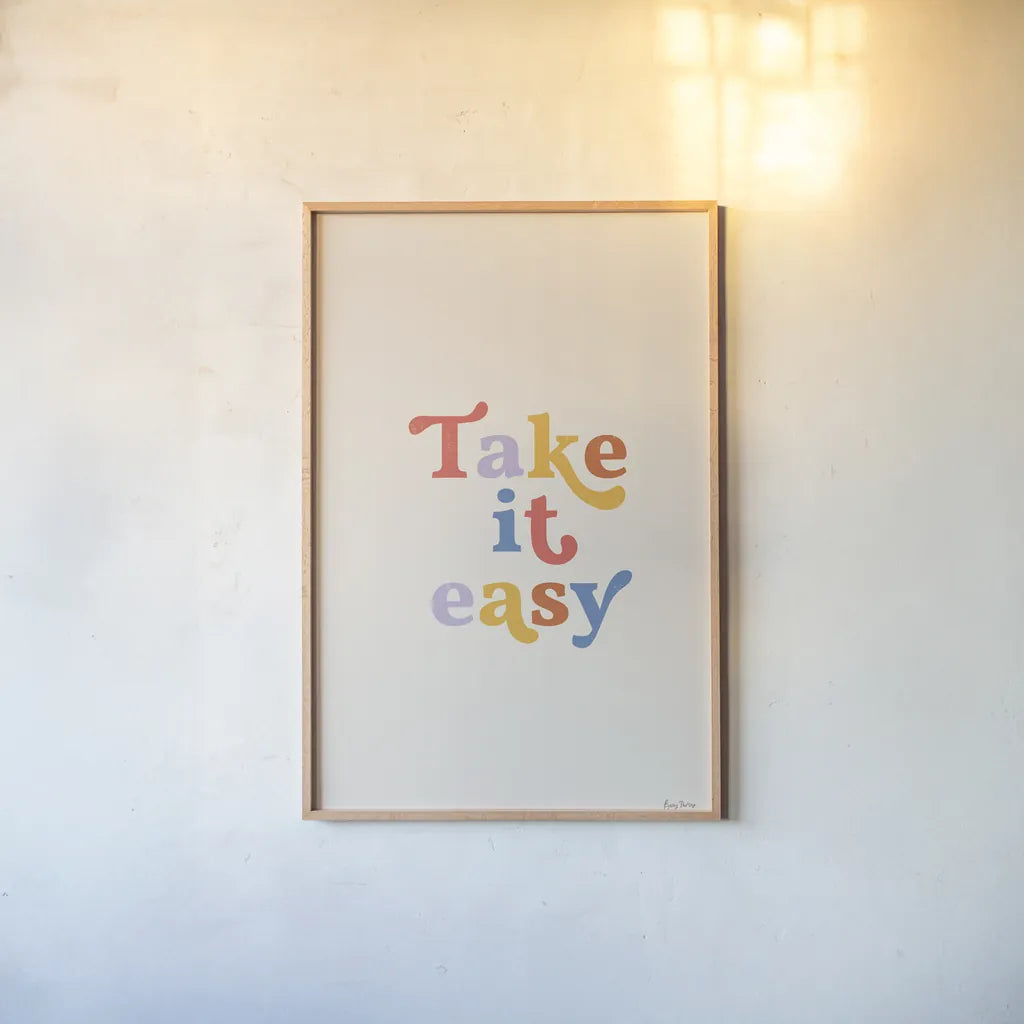 Take it Easy Bright by Becky Thorns. shown as a paper print in a natural frame. Available as a archival giclee rolled canvas, fine art paper, or poster print. SKU 70940h.
