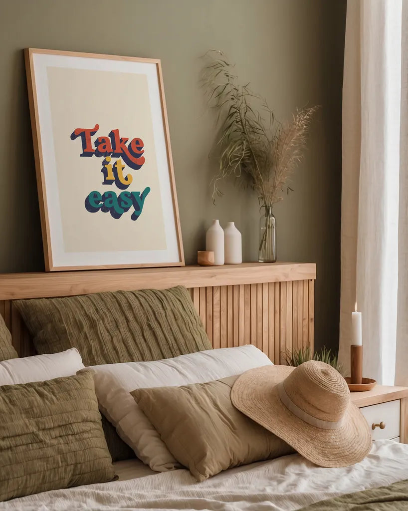 Take it Easy Modern Retro by Becky Thorns. shown as a paper print in a natural frame. Available as a archival giclee rolled canvas, fine art paper, or poster print. SKU 66920h.