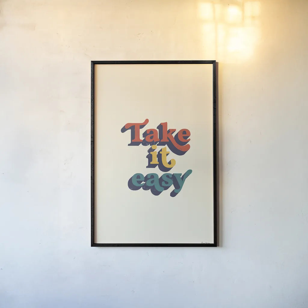 Take it Easy Modern Retro by Becky Thorns. shown as a paper print in a black flame. Available as a archival giclee rolled canvas, fine art paper, or poster print. SKU 66920h.