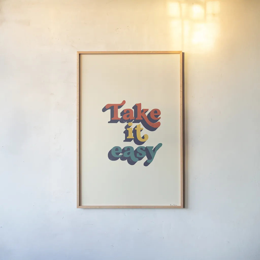 Take it Easy Modern Retro by Becky Thorns. shown as a paper print in a natural frame. Available as a archival giclee rolled canvas, fine art paper, or poster print. SKU 66920h.