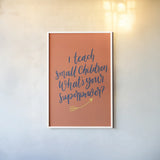 Teachers I Orange by Becky Thorns. shown as a paper print in a white frame. Available as a archival giclee rolled canvas, fine art paper, or poster print. SKU 59204h.