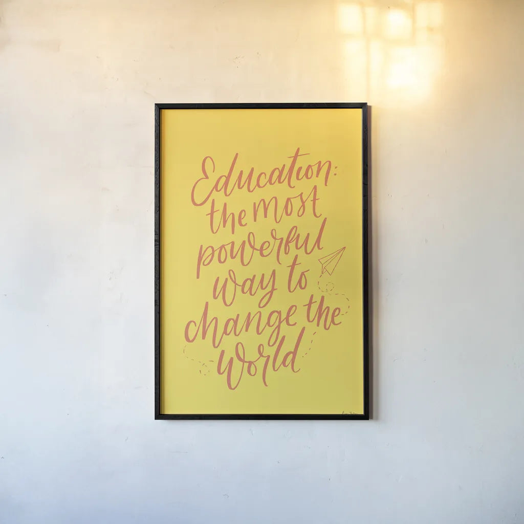 Teachers II Yellow by Becky Thorns. shown as a paper print in a black flame. Available as a archival giclee rolled canvas, fine art paper, or poster print. SKU 59205h.