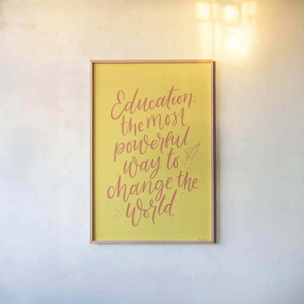 Teachers II Yellow by Becky Thorns. shown as a paper print in a natural frame. Available as a archival giclee rolled canvas, fine art paper, or poster print. SKU 59205h.