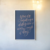 Teachers III Blue by Becky Thorns. shown as a paper print in a white frame. Available as a archival giclee rolled canvas, fine art paper, or poster print. SKU 59206h.