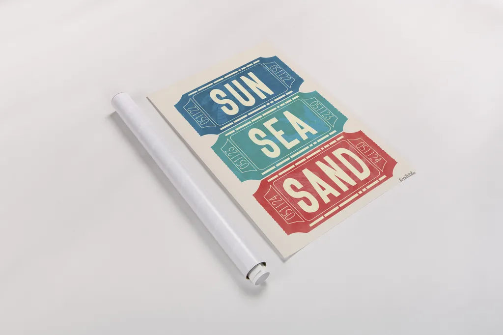 Ticket Stubs Beach by Becky Thorns. shown as a rolled paper print. Available as archival giclee rolled canvas, fine art paper, or poster print. SKU 94144h.