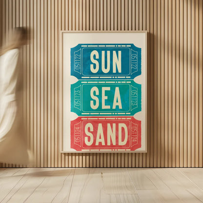 Ticket Stubs Beach by Becky Thorns. shown as over sized large wall art. Available as an archival giclee rolled canvas, fine art paper, or poster print. SKU 94144h.