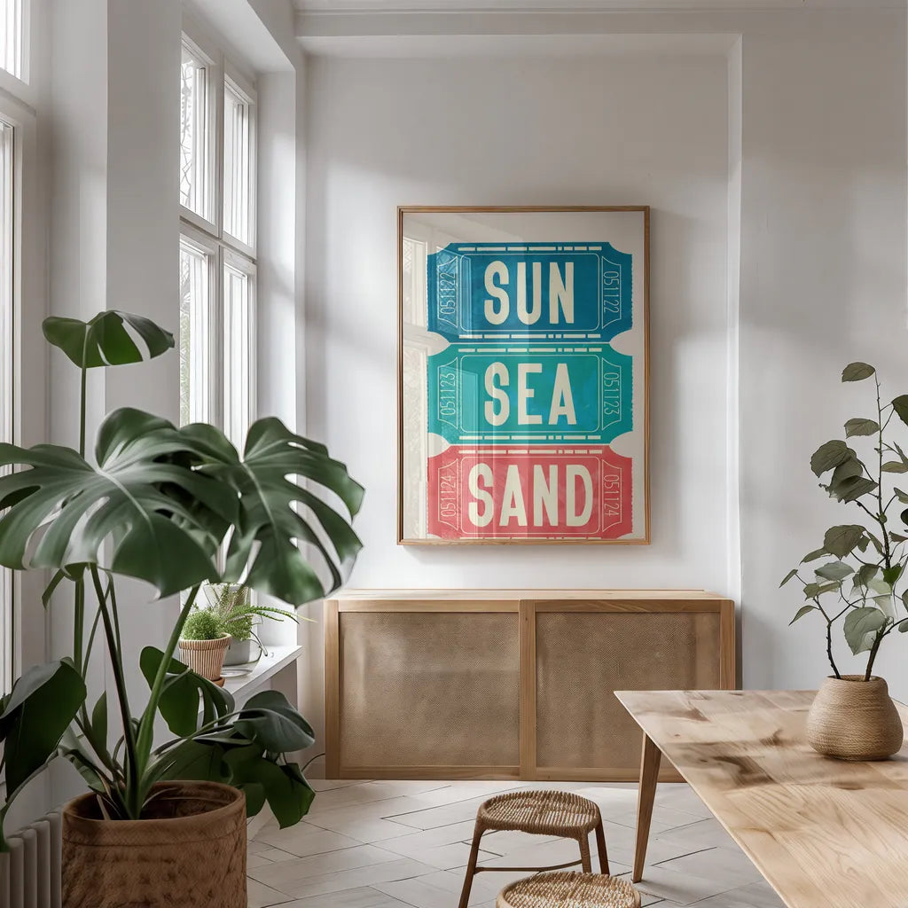 Ticket Stubs Beach by Becky Thorns. shown as a print in a natural wood frame in a dining room. Available as a archival giclee rolled canvas, fine art paper, or poster print. SKU 94144h.