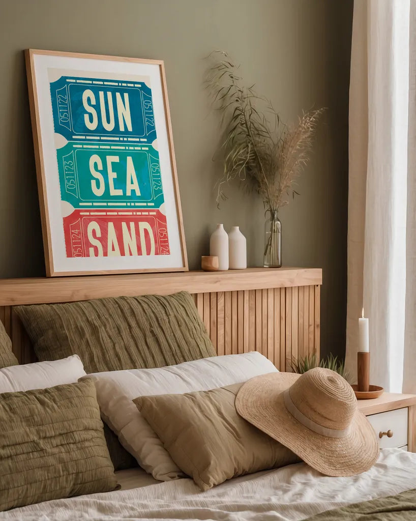 Ticket Stubs Beach by Becky Thorns. shown as a paper print in a natural frame. Available as a archival giclee rolled canvas, fine art paper, or poster print. SKU 94144h.