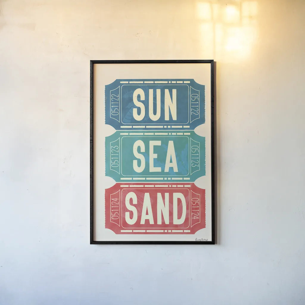 Ticket Stubs Beach by Becky Thorns. shown as a paper print in a black flame. Available as a archival giclee rolled canvas, fine art paper, or poster print. SKU 94144h.