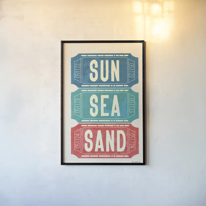 Ticket Stubs Beach by Becky Thorns. shown as a paper print in a black flame. Available as a archival giclee rolled canvas, fine art paper, or poster print. SKU 94144h.