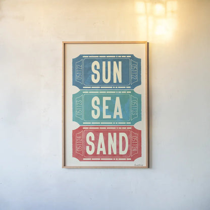 Ticket Stubs Beach by Becky Thorns. shown as a paper print in a natural frame. Available as a archival giclee rolled canvas, fine art paper, or poster print. SKU 94144h.