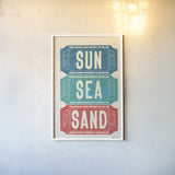 Ticket Stubs Beach by Becky Thorns. shown as a paper print in a white frame. Available as a archival giclee rolled canvas, fine art paper, or poster print. SKU 94144h.