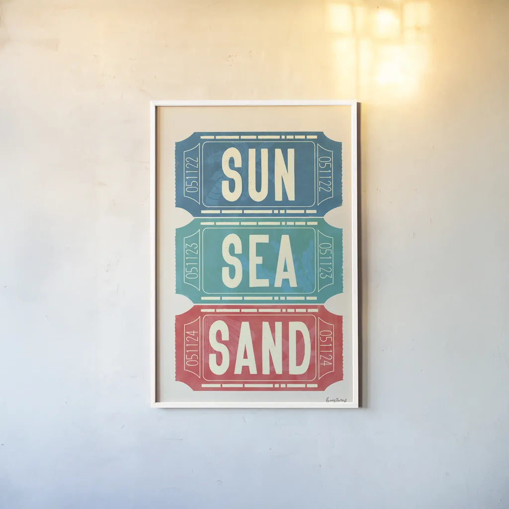 Ticket Stubs Beach by Becky Thorns. shown as a paper print in a white frame. Available as a archival giclee rolled canvas, fine art paper, or poster print. SKU 94144h.