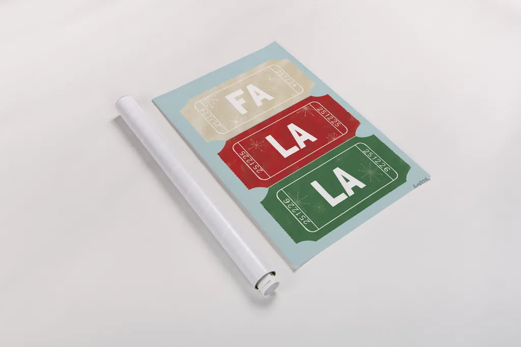 Ticket Stubs Christmas by Becky Thorns. shown as a rolled paper print. Available as archival giclee rolled canvas, fine art paper, or poster print. SKU 94145h.