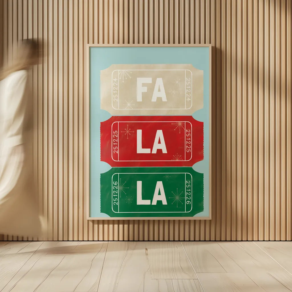 Ticket Stubs Christmas by Becky Thorns. shown as over sized large wall art. Available as an archival giclee rolled canvas, fine art paper, or poster print. SKU 94145h.