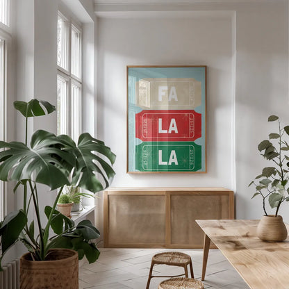 Ticket Stubs Christmas by Becky Thorns. shown as a print in a natural wood frame in a dining room. Available as a archival giclee rolled canvas, fine art paper, or poster print. SKU 94145h.