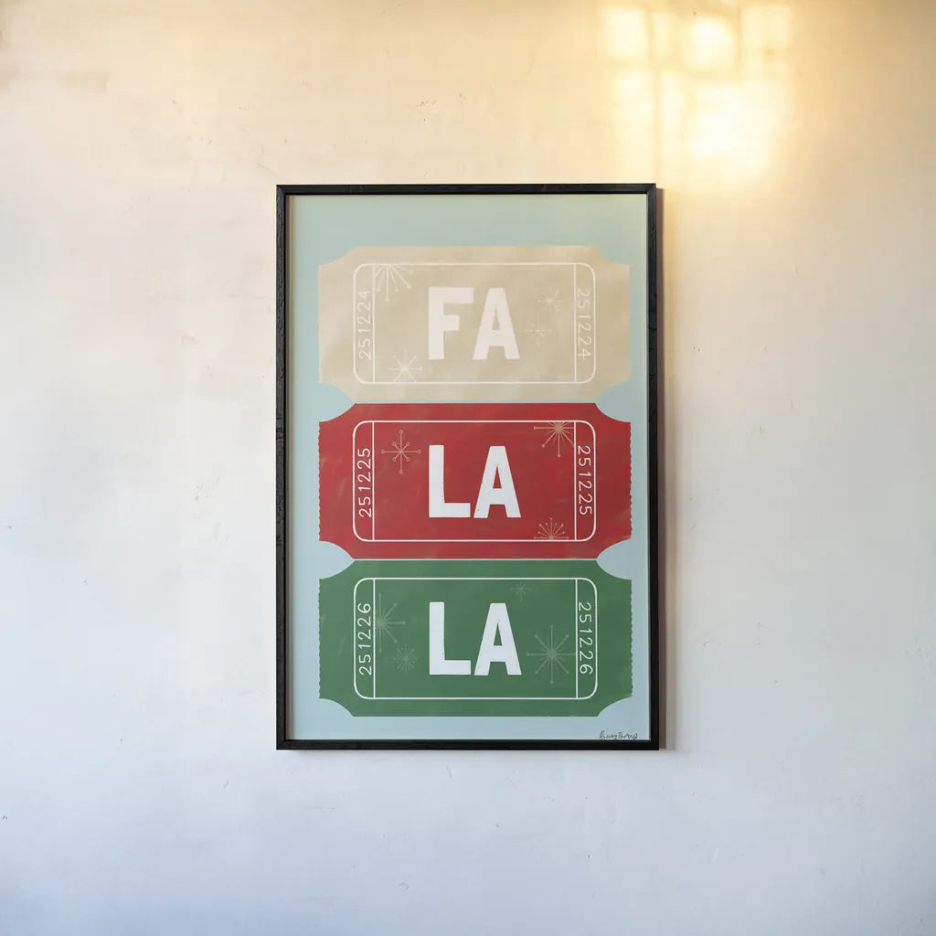 Ticket Stubs Christmas by Becky Thorns. shown as a paper print in a black flame. Available as a archival giclee rolled canvas, fine art paper, or poster print. SKU 94145h.