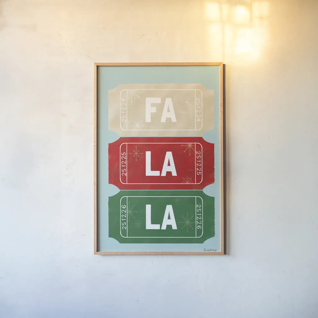 Ticket Stubs Christmas by Becky Thorns. shown as a paper print in a natural frame. Available as a archival giclee rolled canvas, fine art paper, or poster print. SKU 94145h.