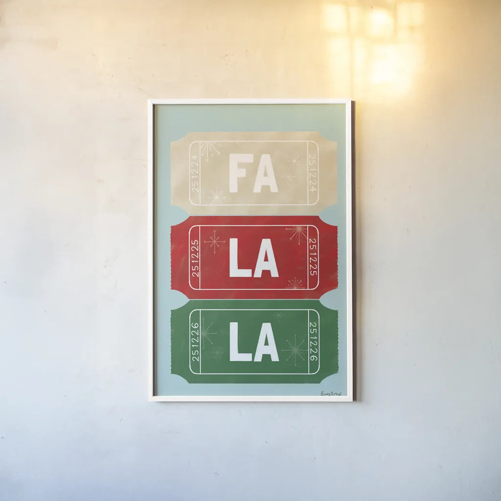 Ticket Stubs Christmas by Becky Thorns. shown as a paper print in a white frame. Available as a archival giclee rolled canvas, fine art paper, or poster print. SKU 94145h.