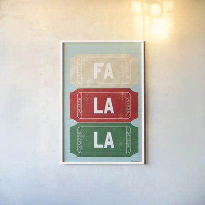 Ticket Stubs Christmas by Becky Thorns. shown as a paper print in a white frame. Available as a archival giclee rolled canvas, fine art paper, or poster print. SKU 94145h.