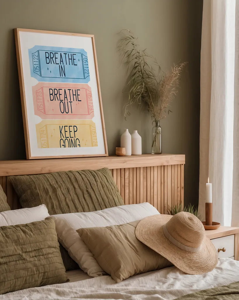 Ticket Stubs Inspiration by Becky Thorns. shown as a paper print in a natural frame. Available as a archival giclee rolled canvas, fine art paper, or poster print. SKU 94143h.