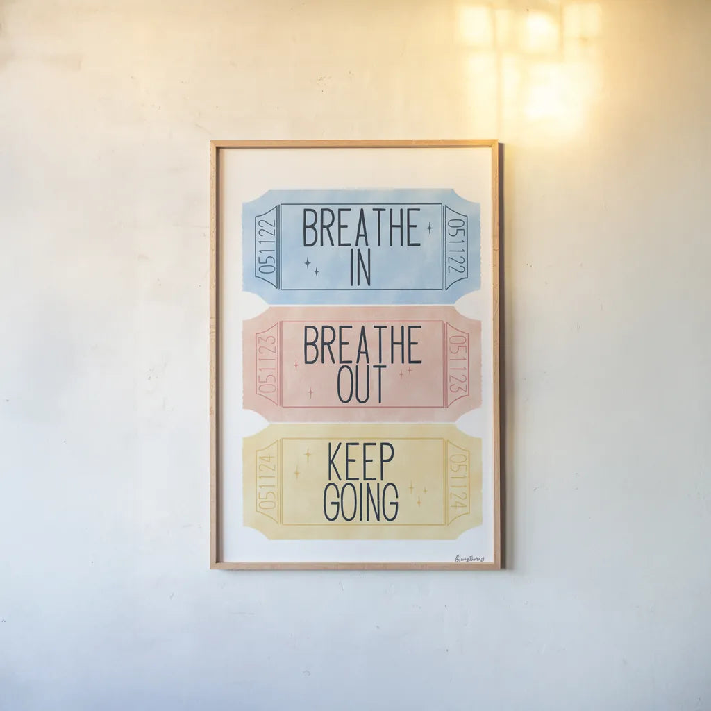 Ticket Stubs Inspiration by Becky Thorns. shown as a paper print in a natural frame. Available as a archival giclee rolled canvas, fine art paper, or poster print. SKU 94143h.