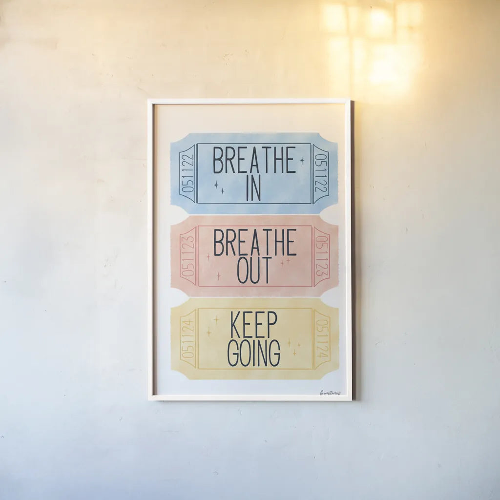 Ticket Stubs Inspiration by Becky Thorns. shown as a paper print in a white frame. Available as a archival giclee rolled canvas, fine art paper, or poster print. SKU 94143h.