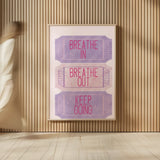 Ticket Stubs Inspiration Pink and Purple by Becky Thorns. shown as over sized large wall art. Available as an archival giclee rolled canvas, fine art paper, or poster print. SKU 96972h.