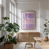 Ticket Stubs Inspiration Pink and Purple by Becky Thorns. shown as a print in a natural wood frame in a dining room. Available as a archival giclee rolled canvas, fine art paper, or poster print. SKU 96972h.