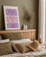 Ticket Stubs Inspiration Pink and Purple by Becky Thorns. shown as a paper print in a natural frame. Available as a archival giclee rolled canvas, fine art paper, or poster print. SKU 96972h.