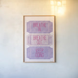 Ticket Stubs Inspiration Pink and Purple by Becky Thorns. shown as a paper print in a natural frame. Available as a archival giclee rolled canvas, fine art paper, or poster print. SKU 96972h.