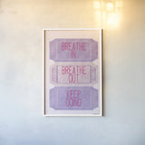 Ticket Stubs Inspiration Pink and Purple by Becky Thorns. shown as a paper print in a white frame. Available as a archival giclee rolled canvas, fine art paper, or poster print. SKU 96972h.