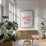 Total Boss White and Pink by Becky Thorns. shown as a print in a natural wood frame in a dining room. Available as a archival giclee rolled canvas, fine art paper, or poster print. SKU 58414h.