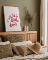 Total Boss White and Pink by Becky Thorns. shown as a paper print in a natural frame. Available as a archival giclee rolled canvas, fine art paper, or poster print. SKU 58414h.
