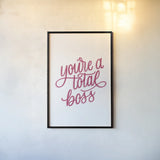 Total Boss White and Pink by Becky Thorns. shown as a paper print in a black flame. Available as a archival giclee rolled canvas, fine art paper, or poster print. SKU 58414h.
