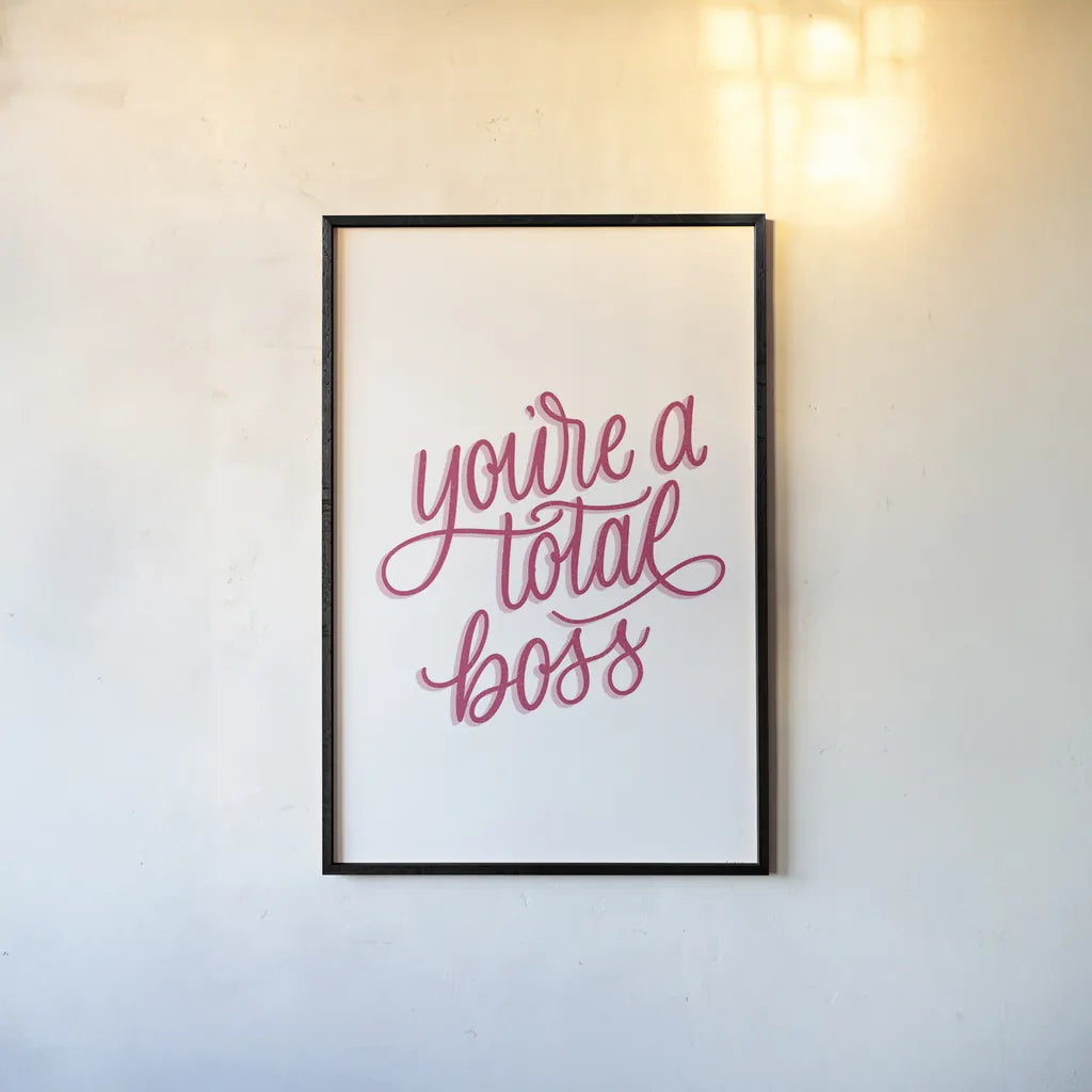 Total Boss White and Pink by Becky Thorns. shown as a paper print in a black flame. Available as a archival giclee rolled canvas, fine art paper, or poster print. SKU 58414h.