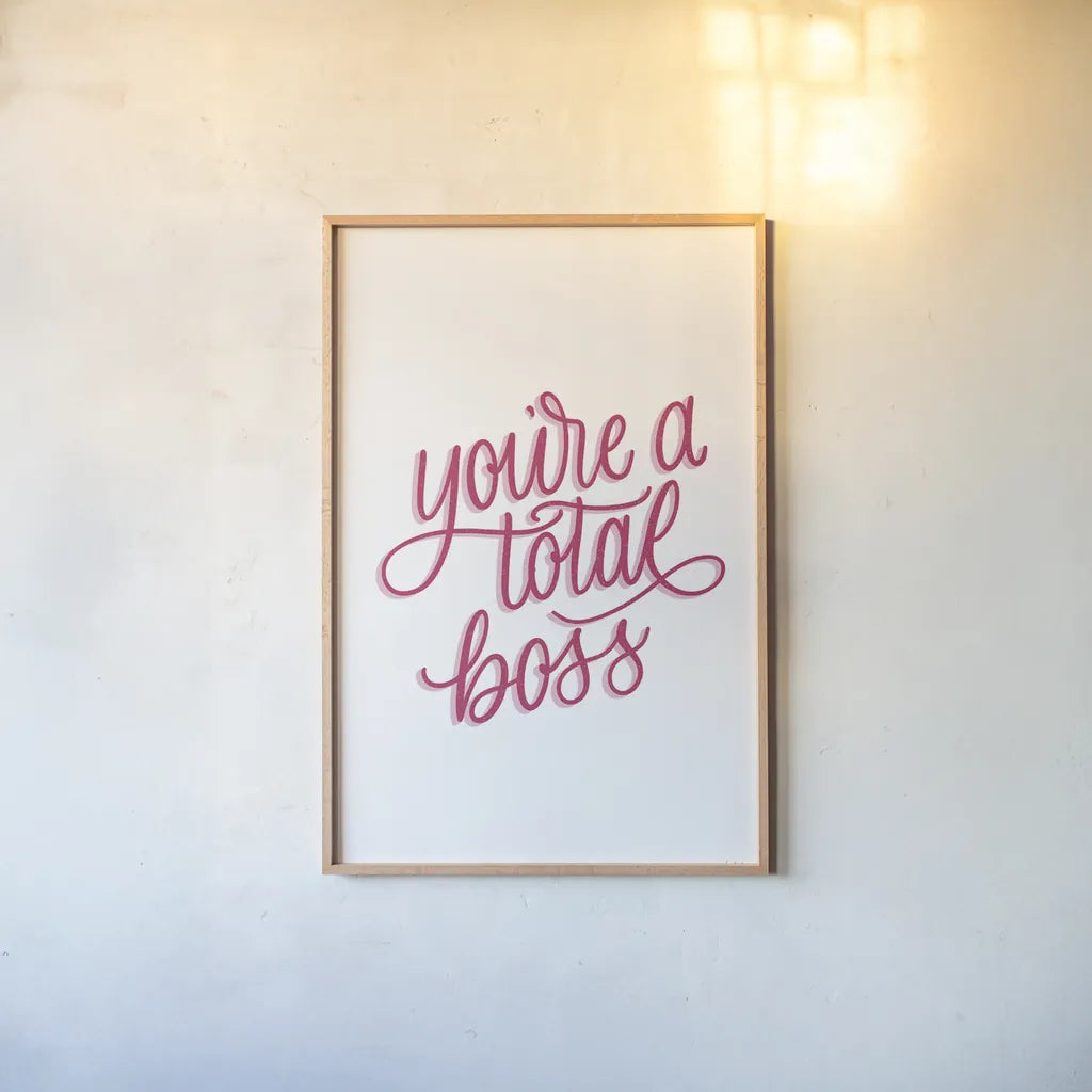 Total Boss White and Pink by Becky Thorns. shown as a paper print in a natural frame. Available as a archival giclee rolled canvas, fine art paper, or poster print. SKU 58414h.