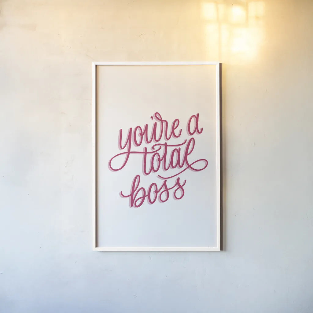 Total Boss White and Pink by Becky Thorns. shown as a paper print in a white frame. Available as a archival giclee rolled canvas, fine art paper, or poster print. SKU 58414h.