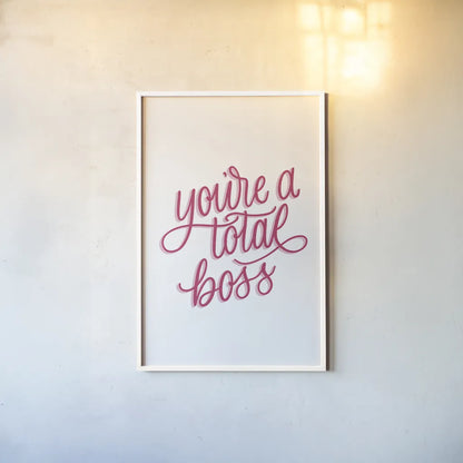 Total Boss White and Pink by Becky Thorns. shown as a paper print in a white frame. Available as a archival giclee rolled canvas, fine art paper, or poster print. SKU 58414h.
