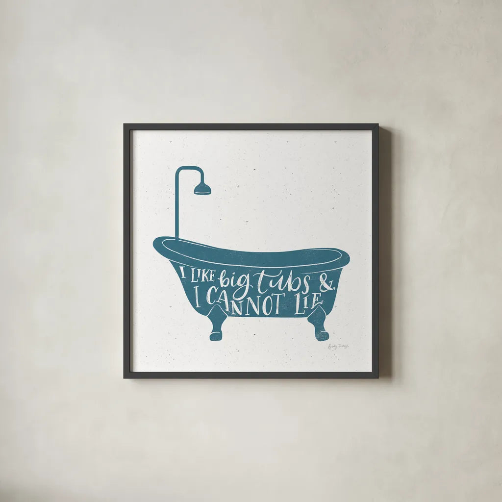 Turkish Tile Bathroom Puns I by Becky Thorns. Shown in a sleek black glass frame for a contemporary gallery look. Available as an archival giclee rolled canvas, fine art paper, or poster print. SKU 58431a.